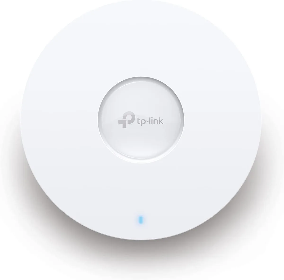 White ceiling-mount wireless access point with smooth curved edges and LED indicator