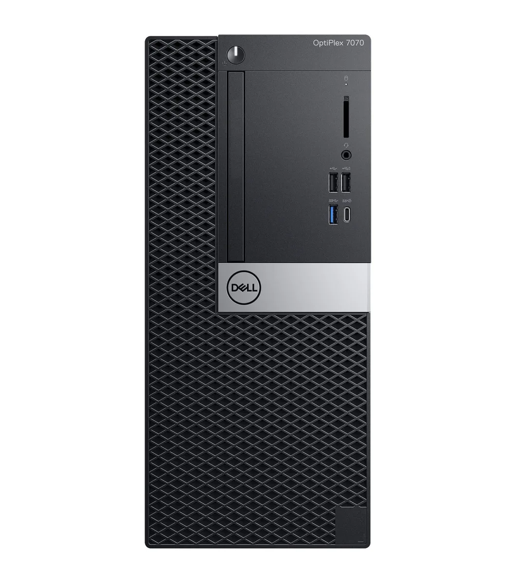 A black rectangular tower desktop standing upright, smooth matte finish with front USB ports and power button