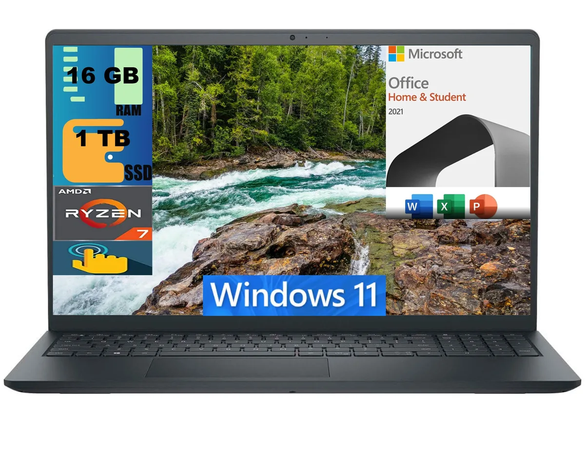 DELL DELL Inspiron 15 laptop Ryzen 7 7730U 16GB 1TB PCIe SSD 15.6" FHD touchscreen Wi-Fi 5 Windows 11 Office — photo du produit