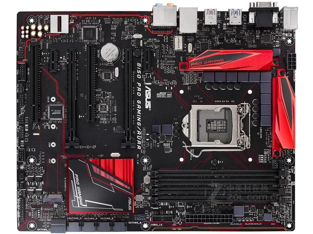ATX motherboard in black with silver heatsinks and AURA lighting accents