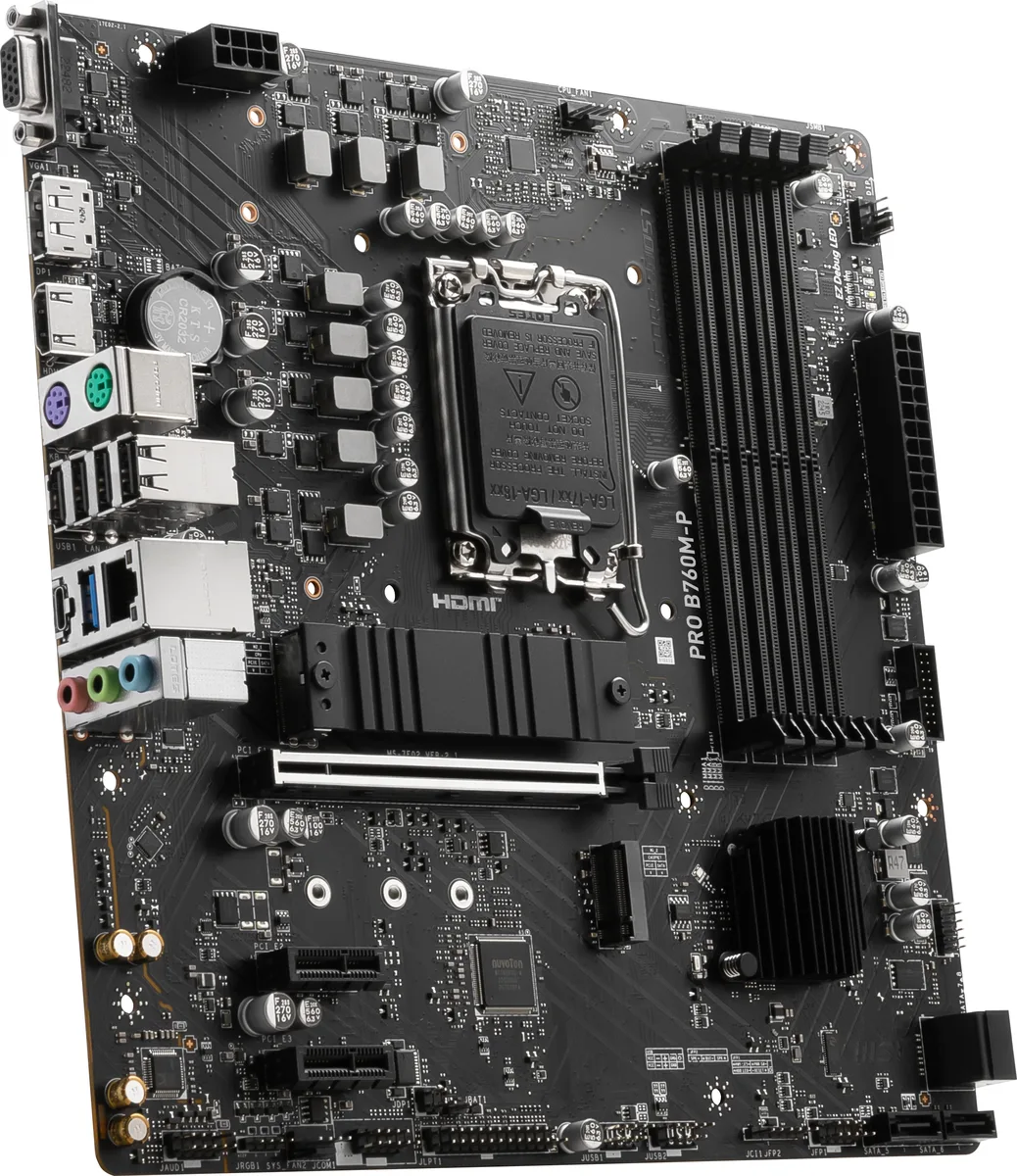 Green Micro-ATX board with silver heatsinks and black slots