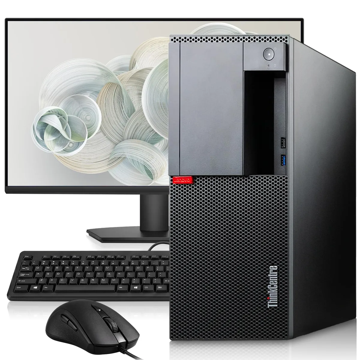 Black Lenovo ThinkCentre M720t tower with 24 inch monitor, keyboard and mouse
