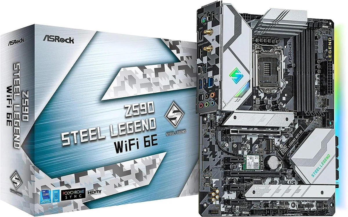ATX motherboard with grey steel heatsinks and silver accents