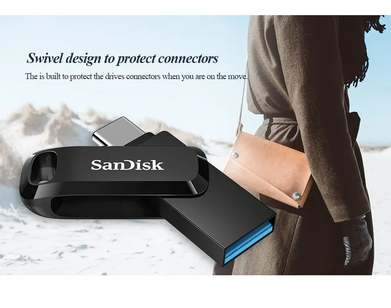 Small black USB flash drive with retractable USB-A and USB-C connectors, 256GB capacity