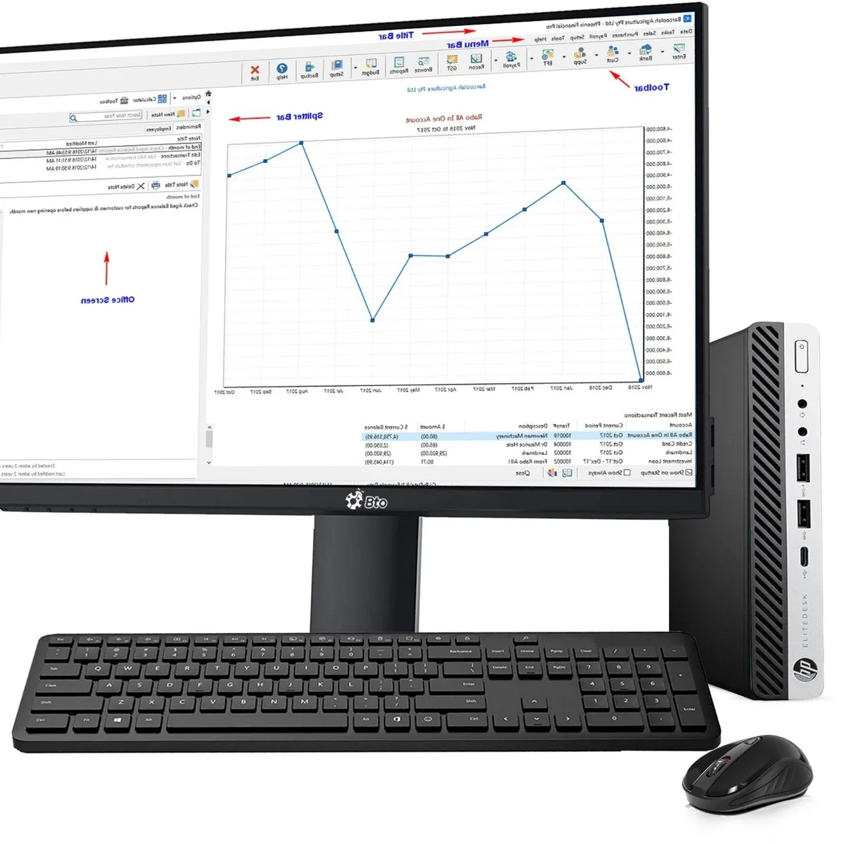 Compact tiny desktop tower beside a 22 inch monitor with keyboard and mouse