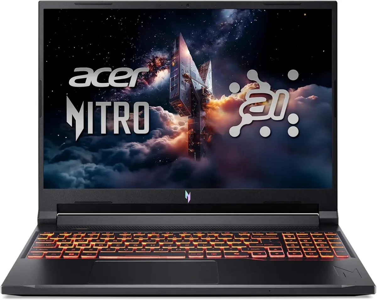 Black 16-inch gaming laptop with matte finish and backlit keyboard