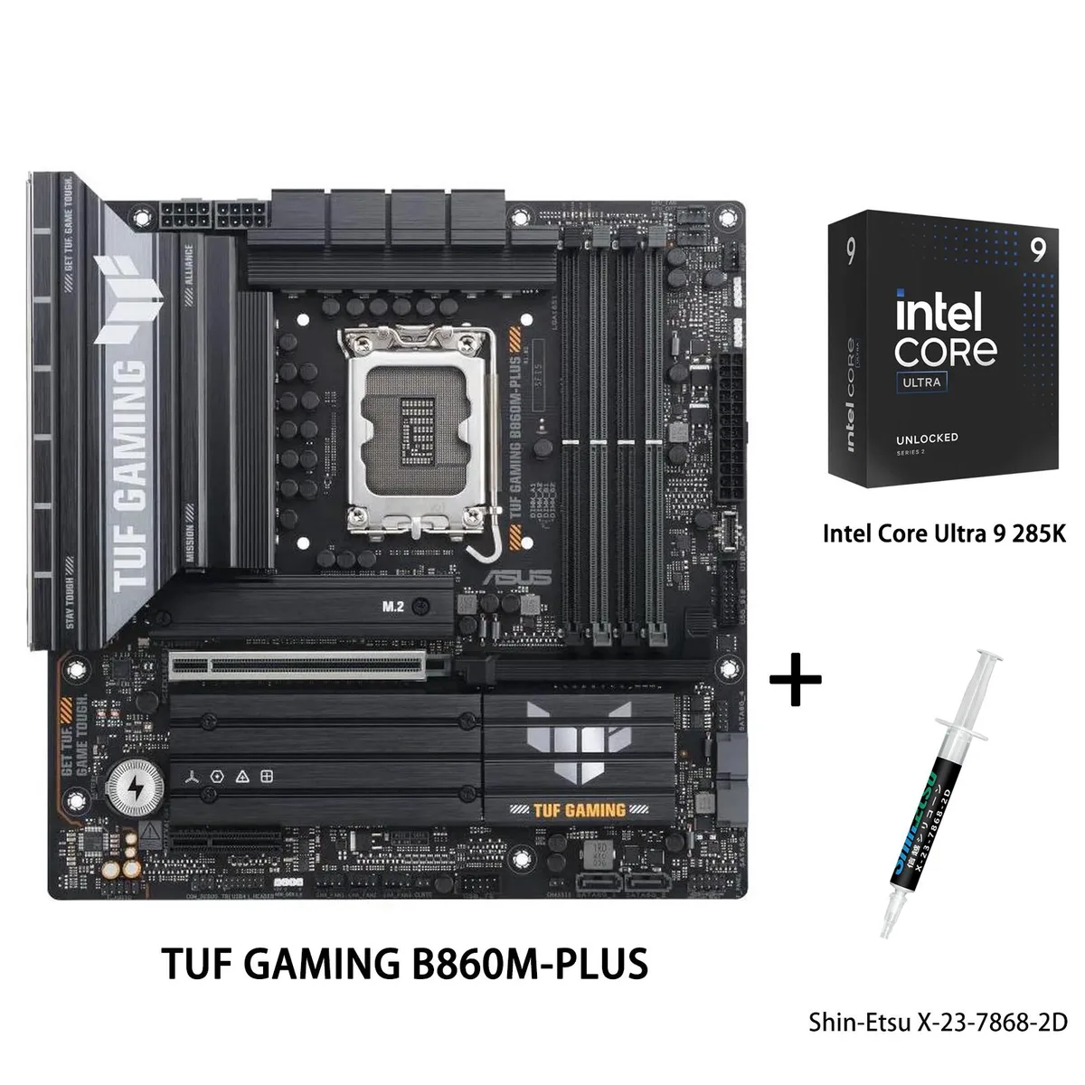 ASUS TUF Gaming B860M-PLUS mATX motherboard with Intel Core Ultra 9 285K CPU and gray thermal paste tube