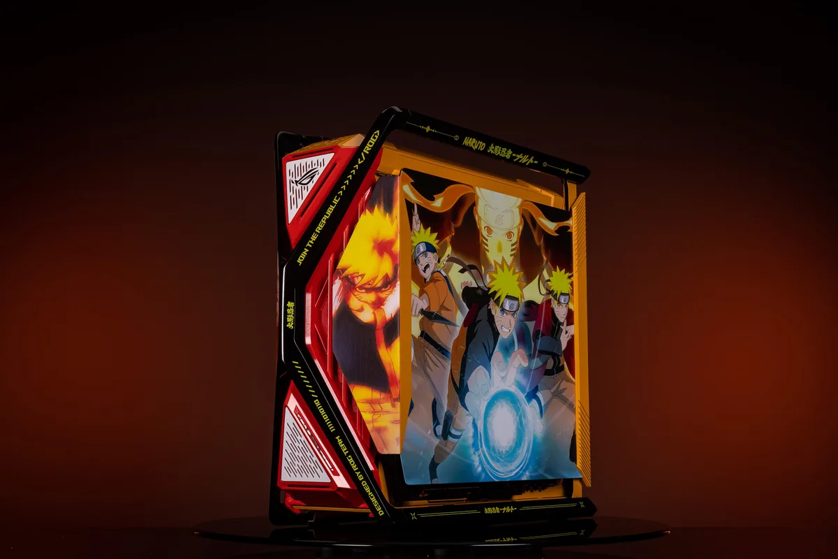 Full-tower case in bright yellow with Naruto graphics, dual tempered-glass panels, four 140 mm fans pre-installed