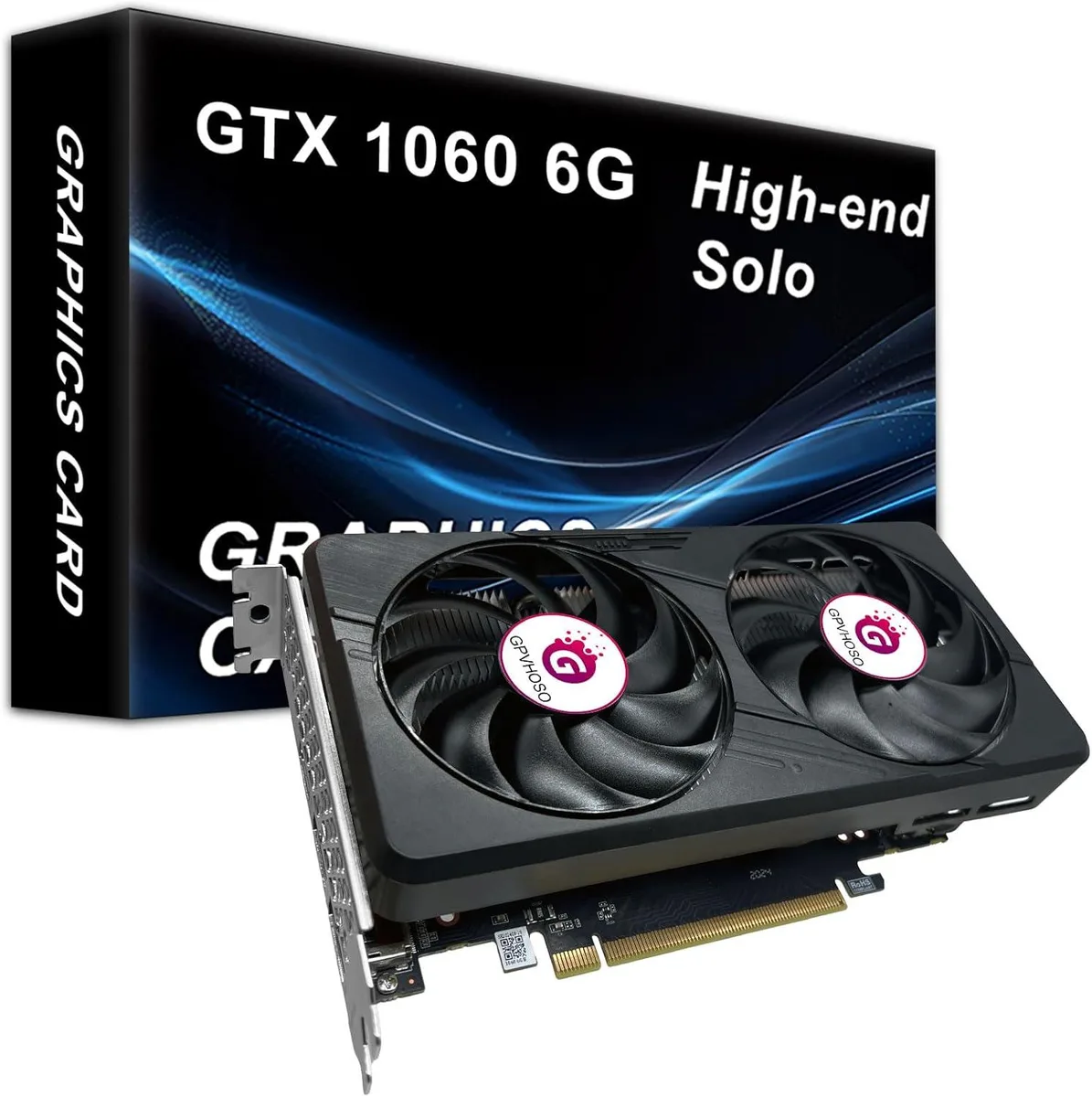 Black dual-fan GTX 1060 graphics card with silver heatsink visible