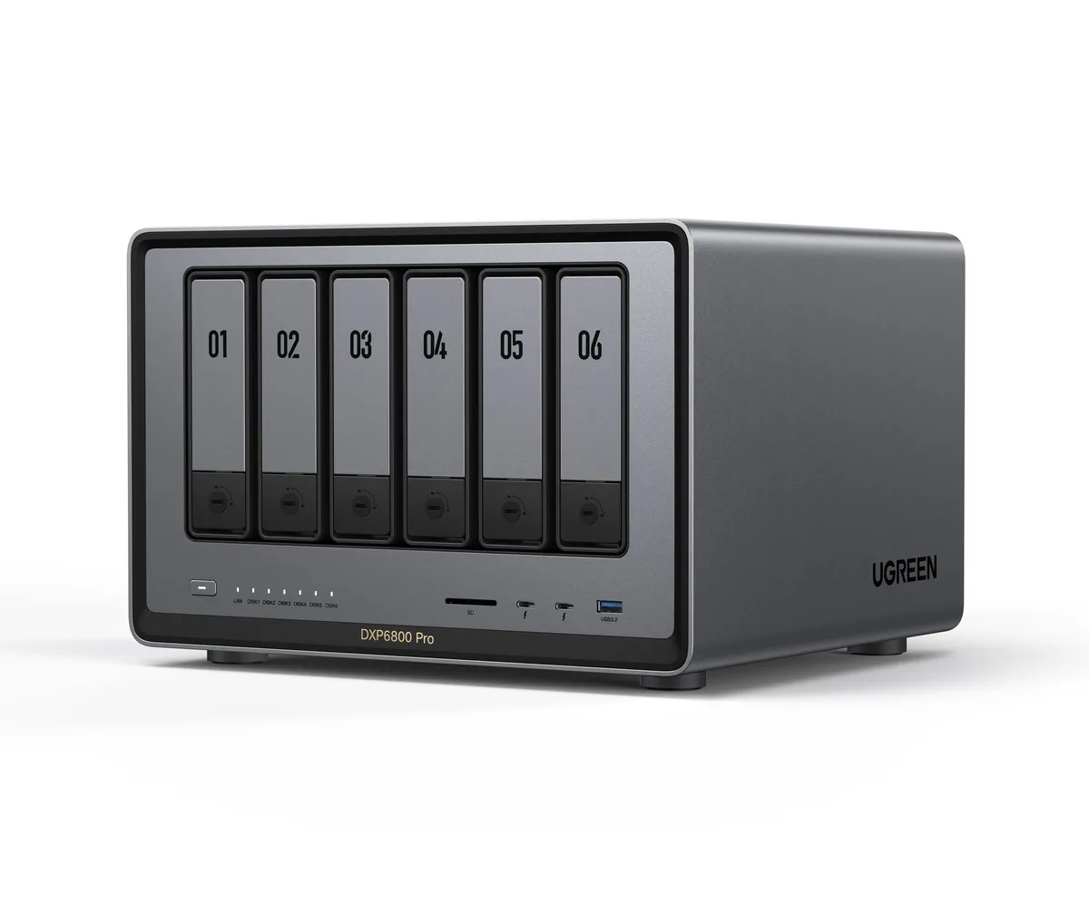 Silver desktop NAS tower with six front drive bays and two Thunderbolt 4 ports