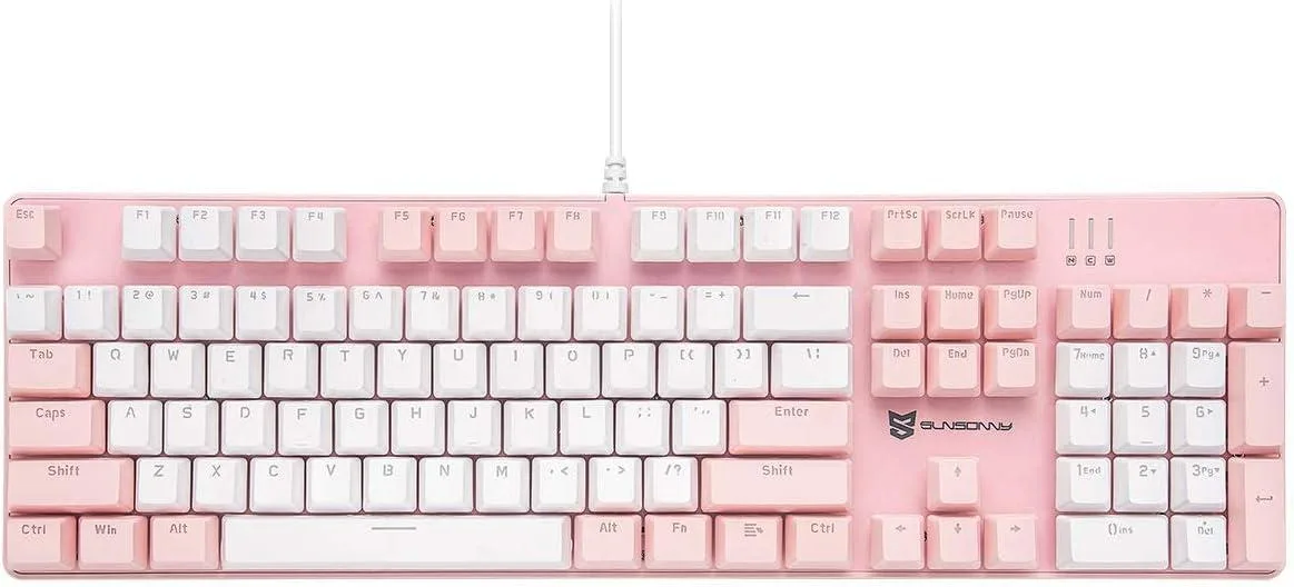 Pink and white full-size mechanical keyboard with 104 keys and RGB backlighting