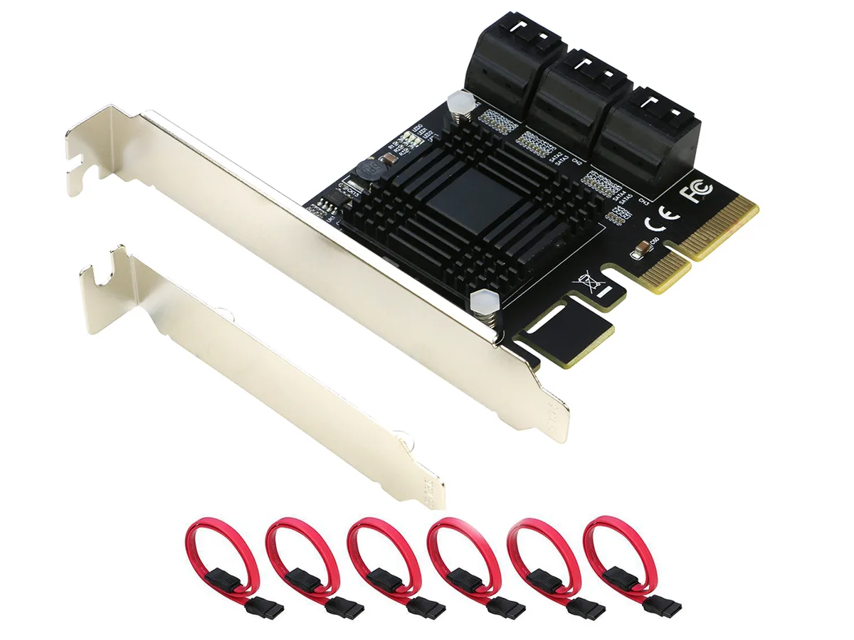 Green circuit board with six SATA ports and gold edge connector
