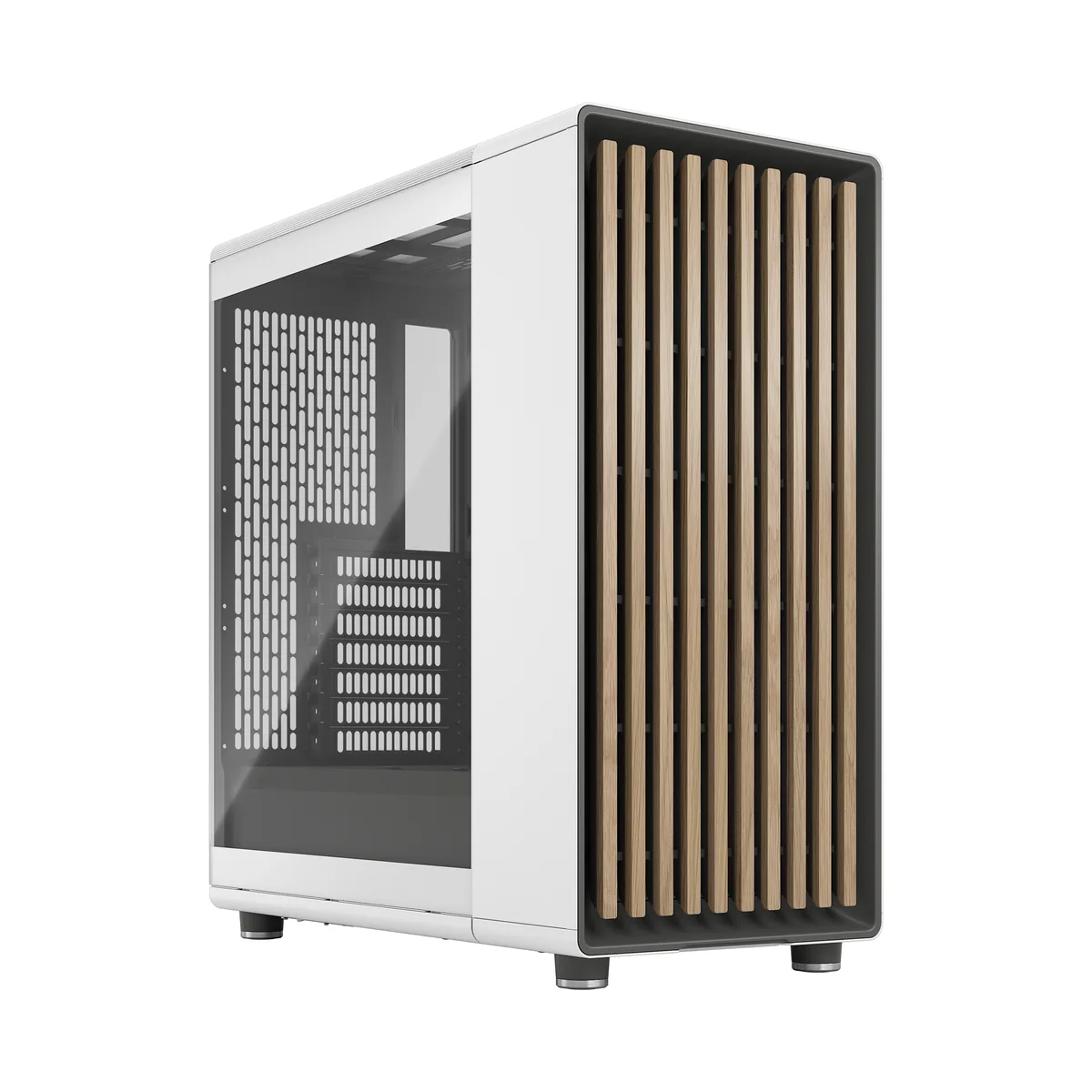 Mid-tower PC case in chalk white steel with solid oak front panel and clear tempered glass side panel