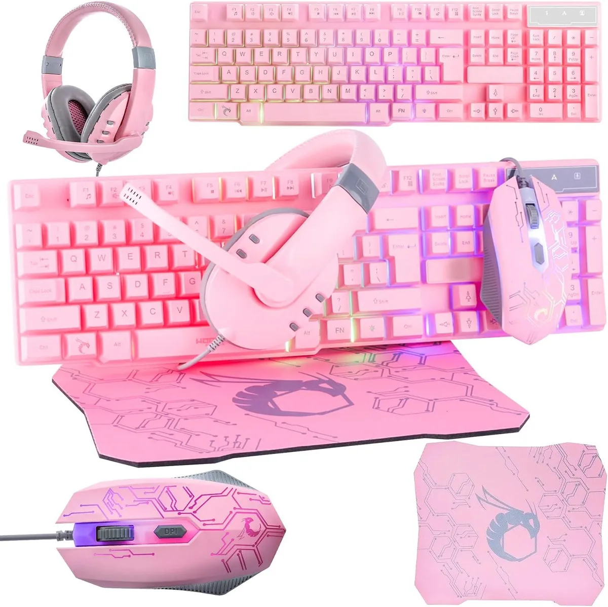Pink wired gaming keyboard with matching mouse, headset and mouse mat in a four-piece bundle