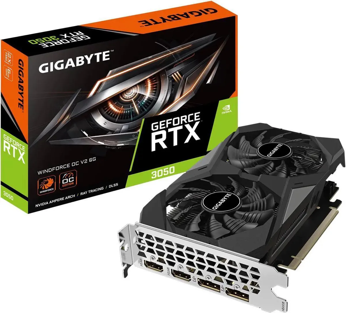 Dual-fan graphics card with silver shroud and black backplate, two HDMI and two DisplayPort outputs