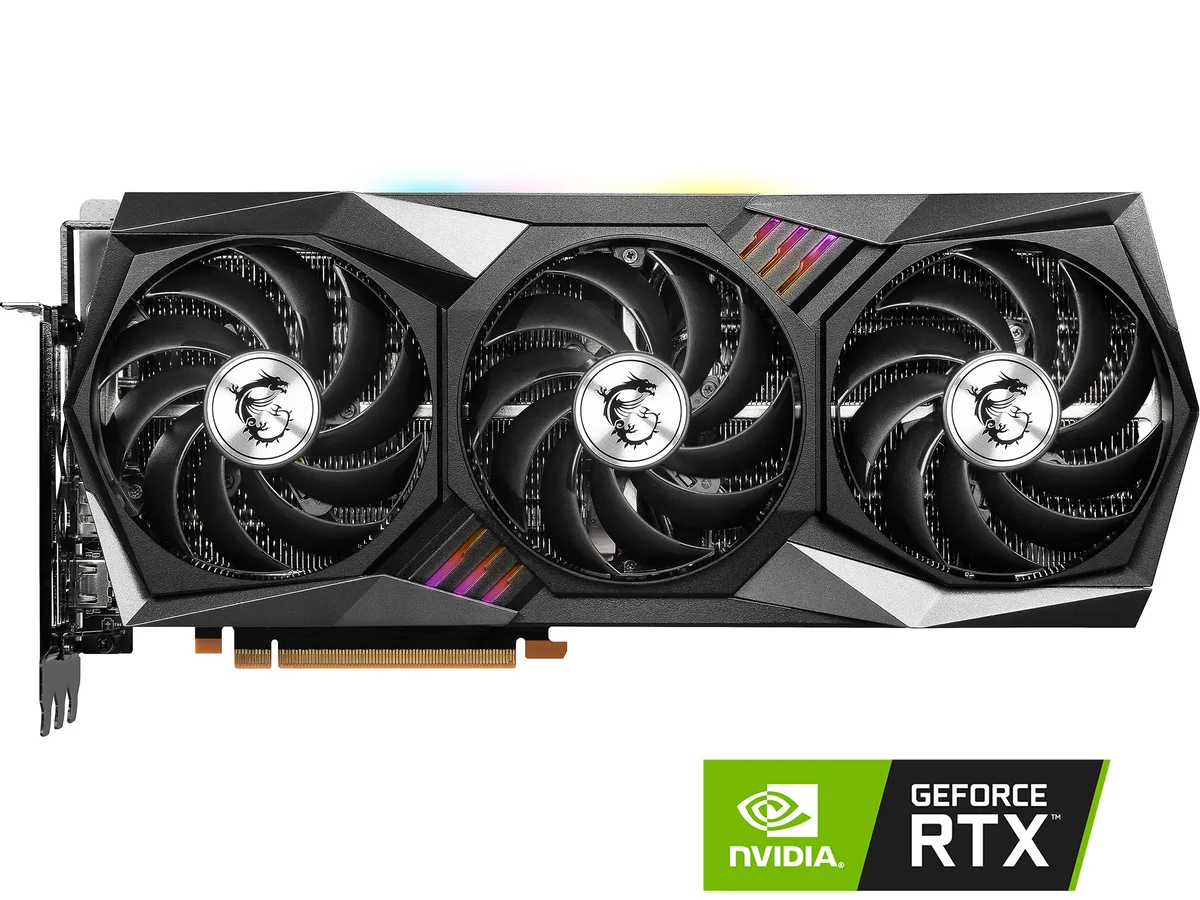 Large graphics card with three fans and a silver metal backplate