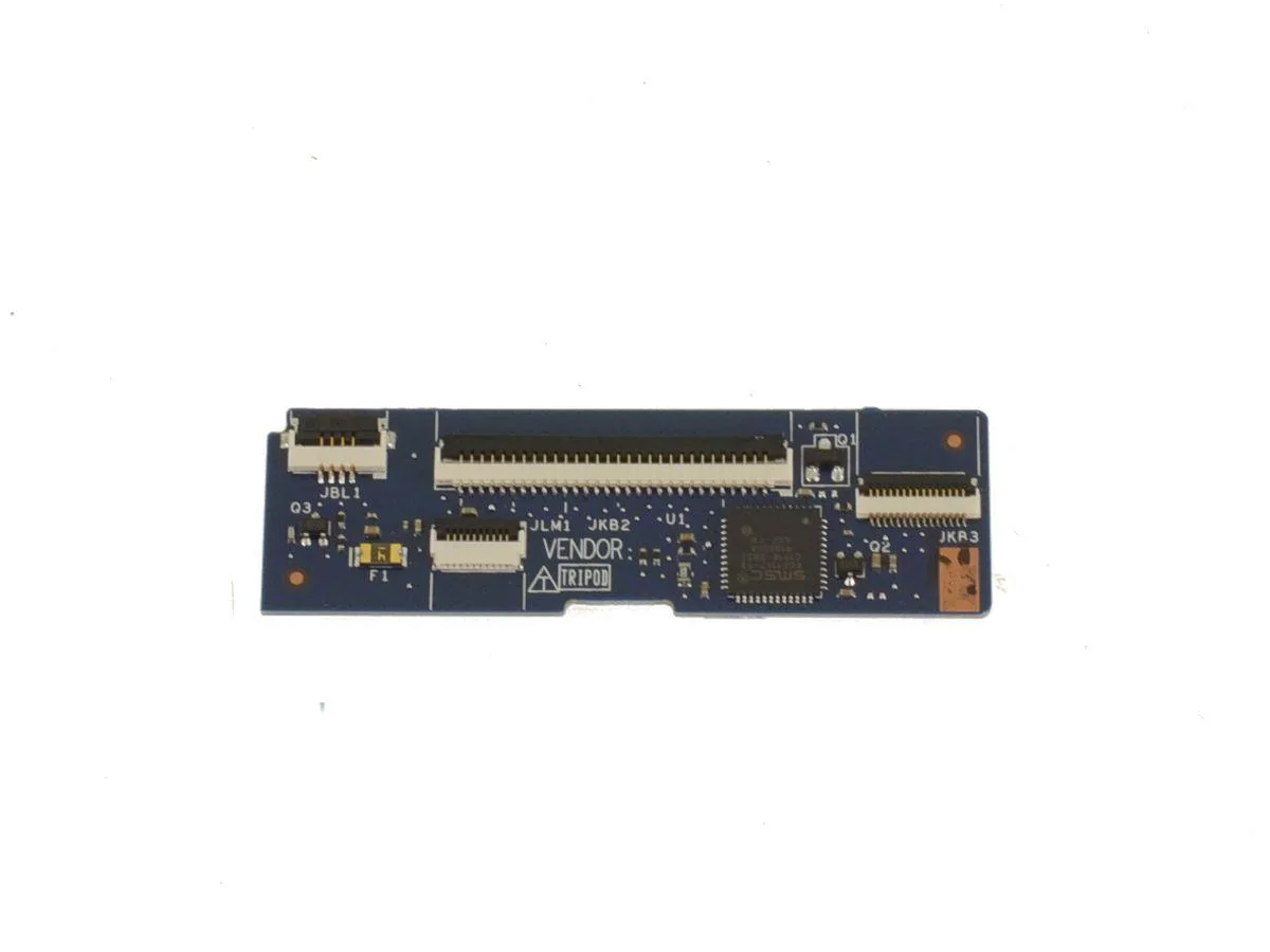 Small rectangular green circuit board with multiple connectors and surface-mounted components