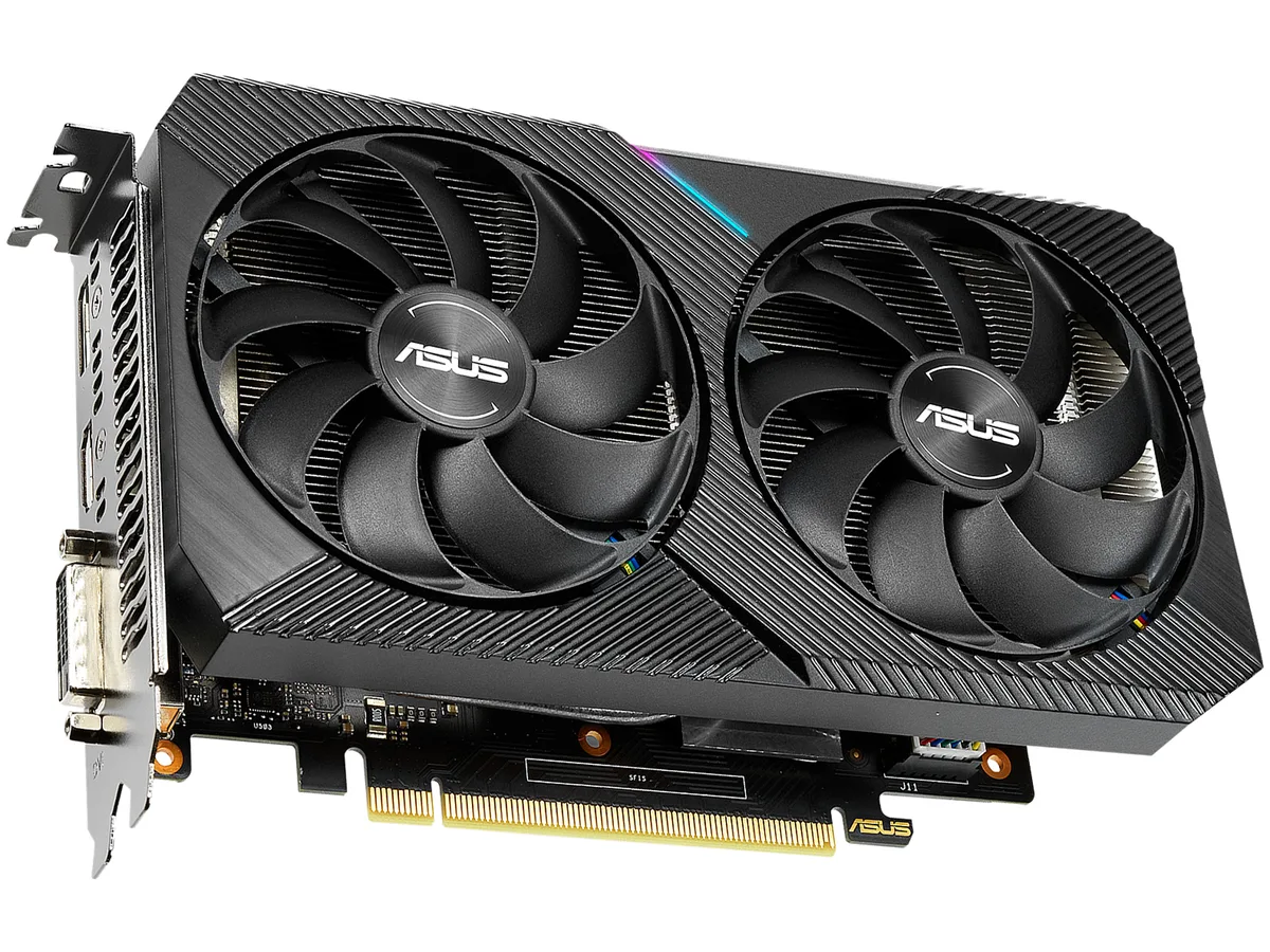 Compact dual-fan graphics card with black shroud and silver backplate, HDMI DisplayPort DVI outputs visible