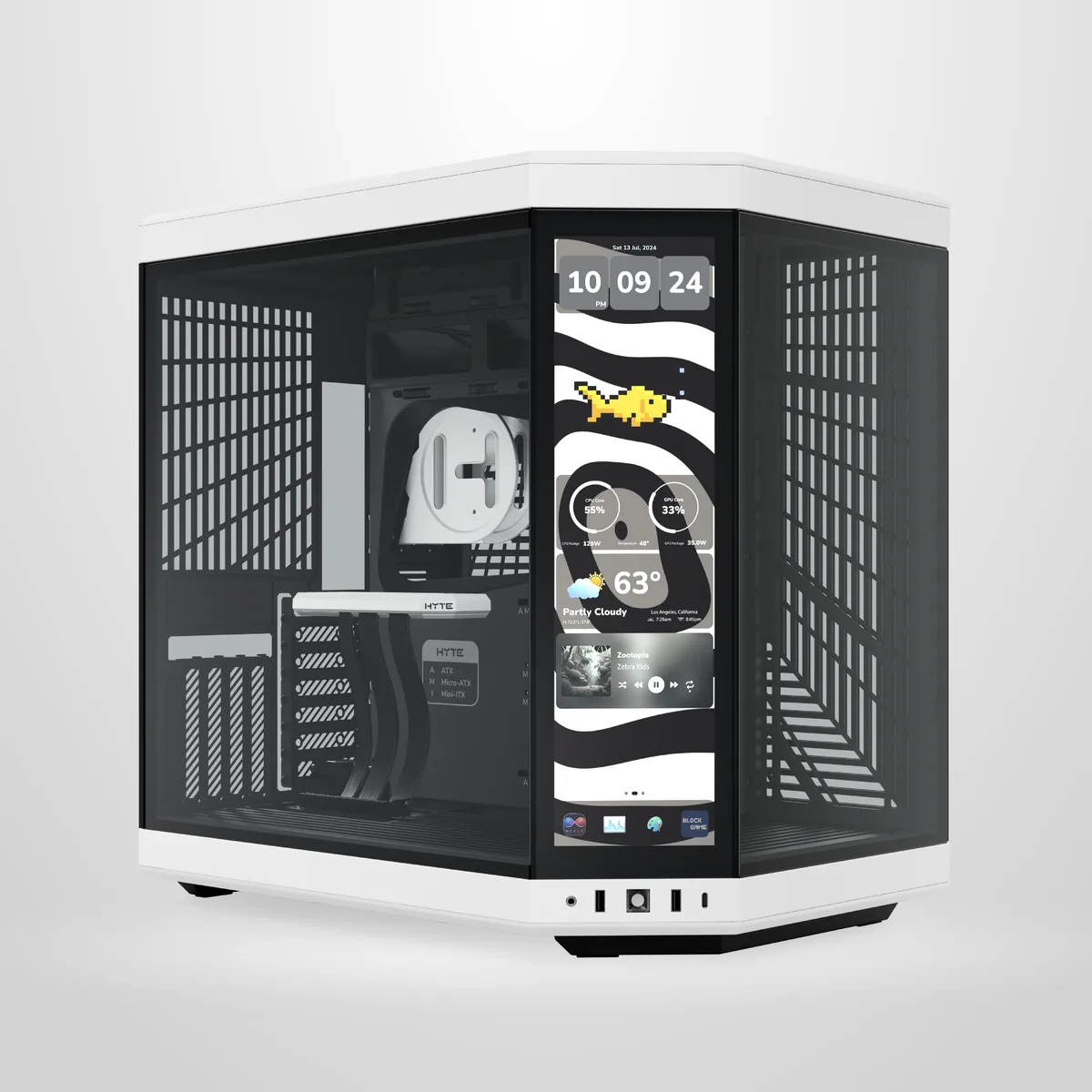 White mid-tower case with 14.5 inch touchscreen and three glass panels