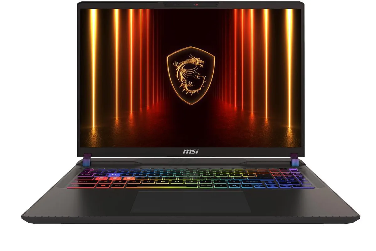 Black 16 inch gaming laptop with RGB keyboard and slim bezels