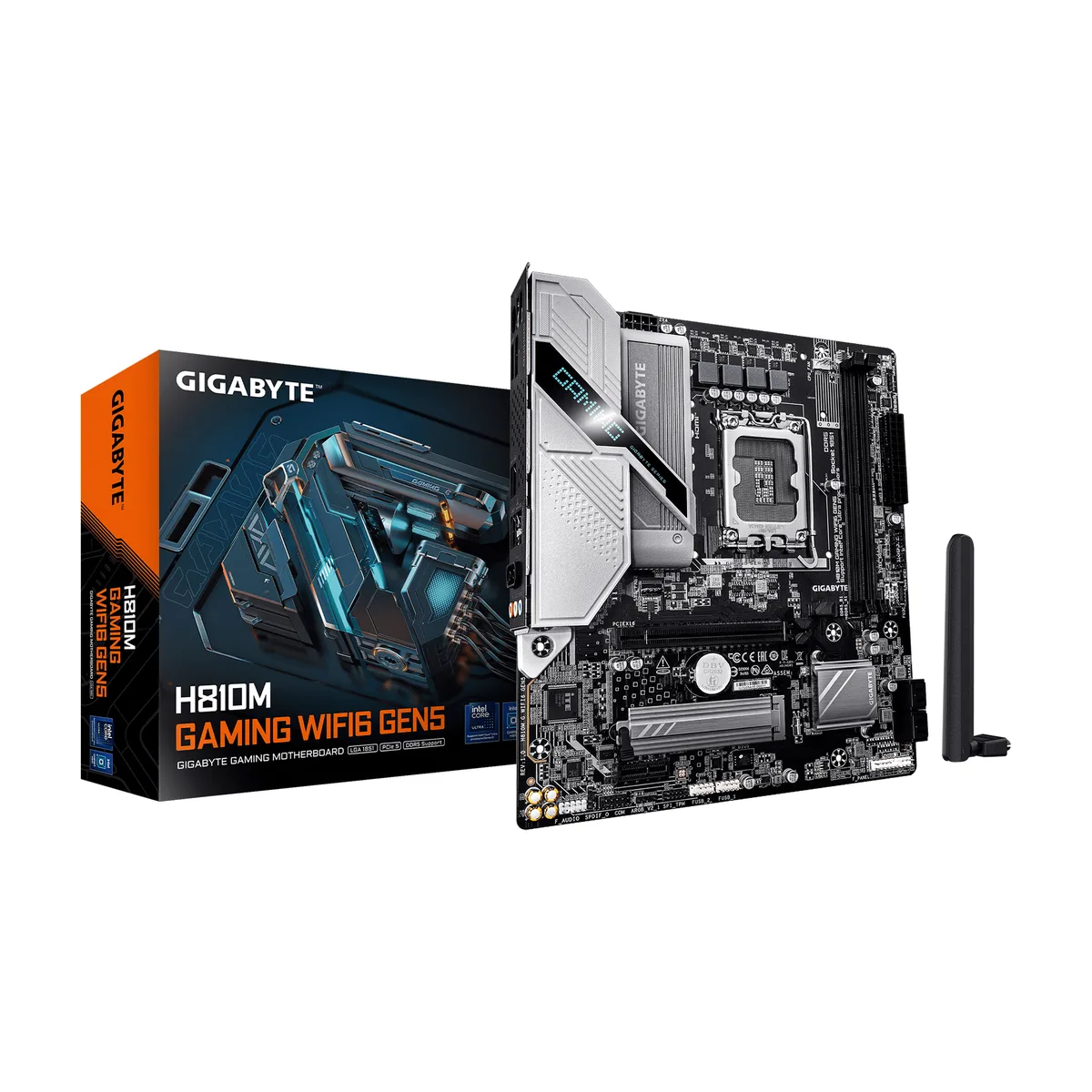 Green micro-ATX motherboard with black heatsinks, silver PCIe slot, rear I/O shield integrated, WiFi antenna connectors visible