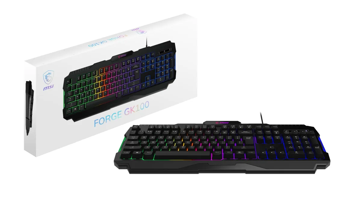 Black membrane gaming keyboard with RGB backlighting and adjustable tilt feet