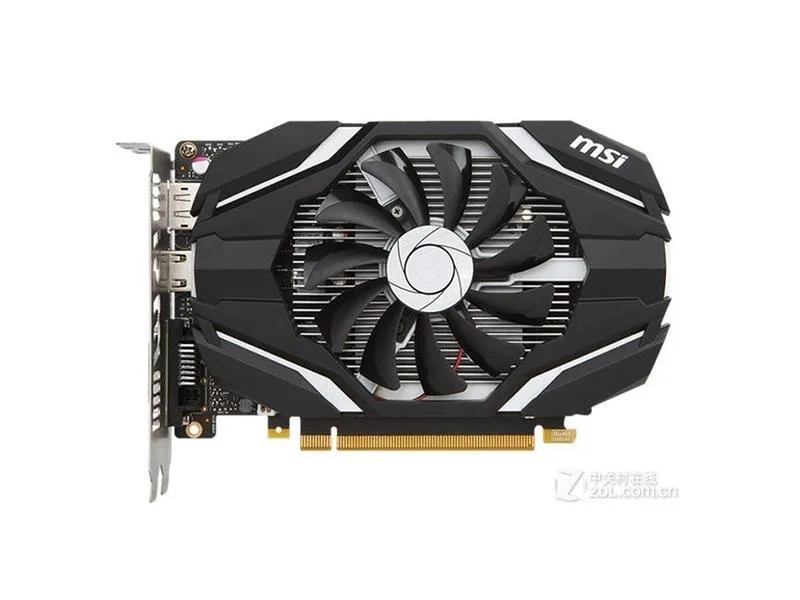 MSI GeForce GTX 1050Ti 4G OC graphics card, dual-fan cooler, black and red shroud, metal backplate visible