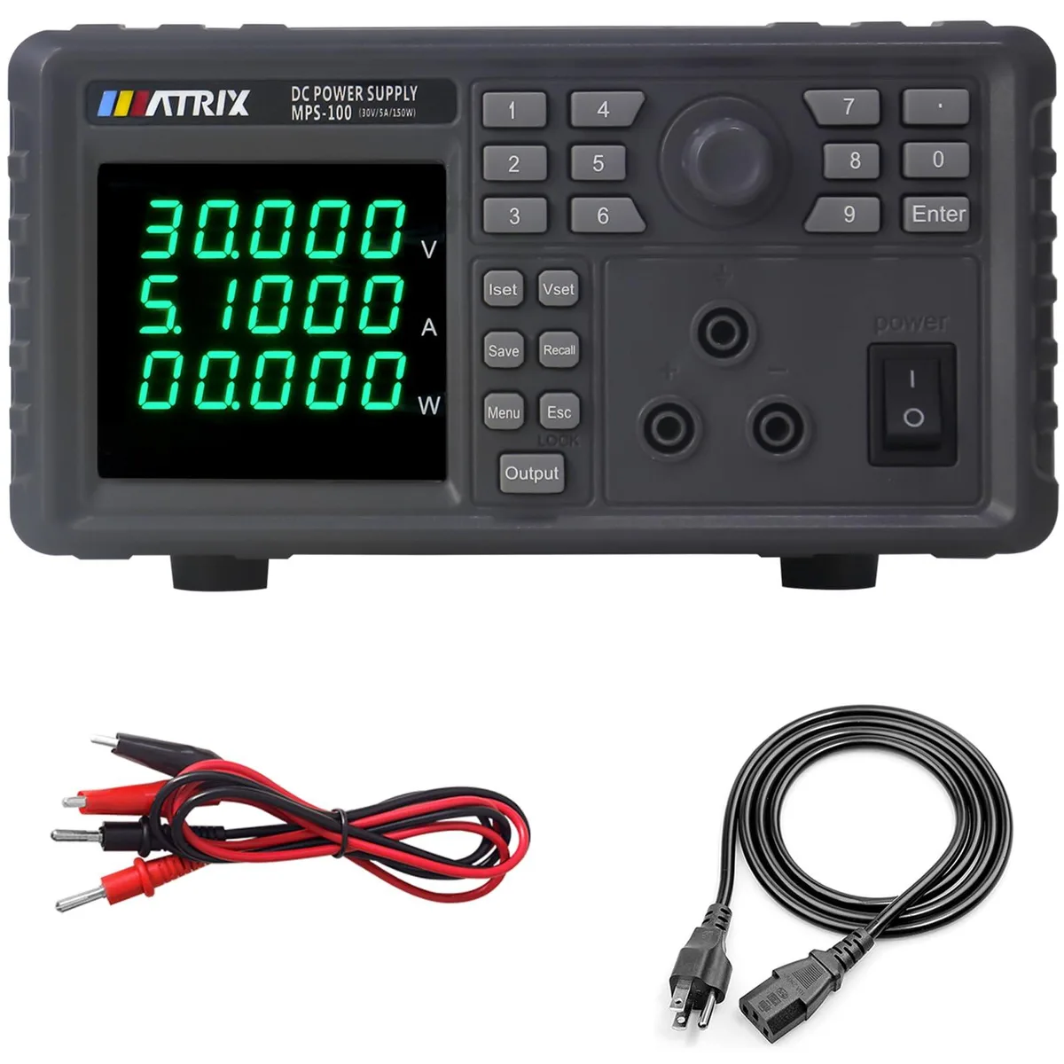 Rectangular bench power supply with digital display numeric keypad and rotary knob front output terminals matte grey metal chassis