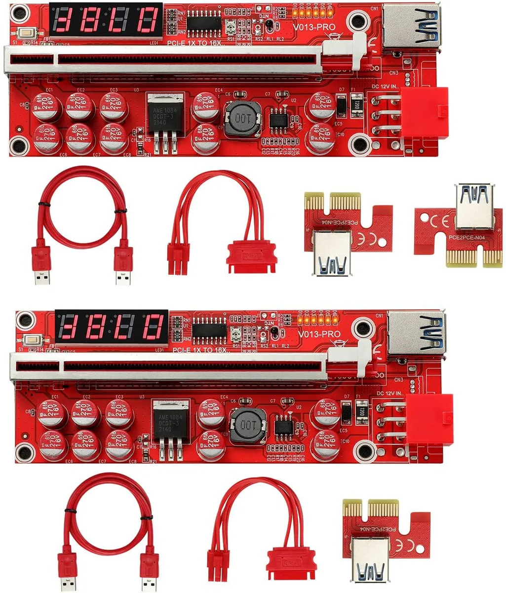 Two red PCI-E 1x to 16x riser cards with 10 capacitors temperature display and RGB LED lights connected by 24 inch USB 3.0 cables