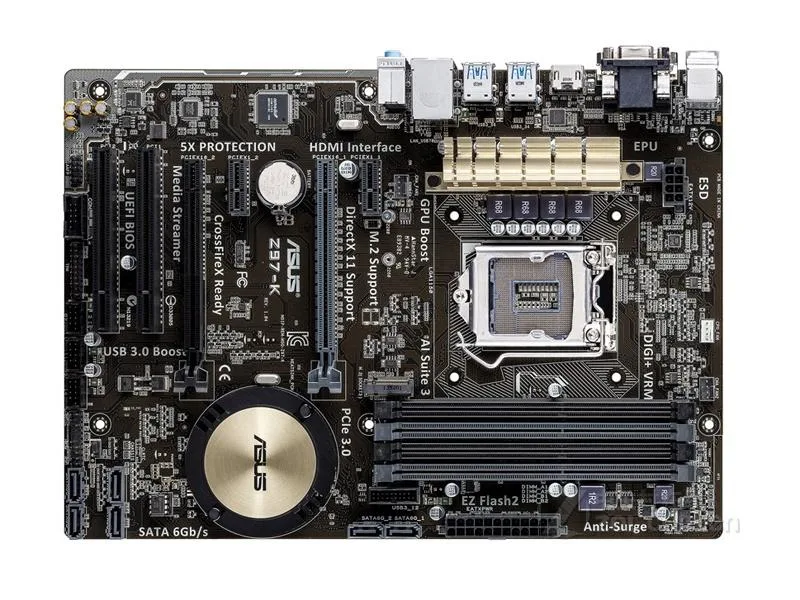 Green ATX motherboard with black sockets and silver heatsinks