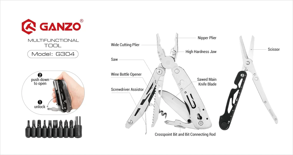 Ganzo G304 21-in-1 Stainless Steel Multitool with Bit Set and Sheath — 商品写真