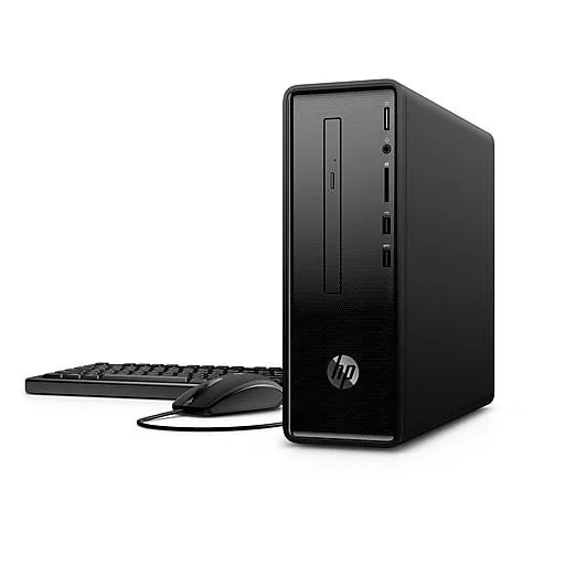 Slim black desktop tower with DVD writer slot and front ports