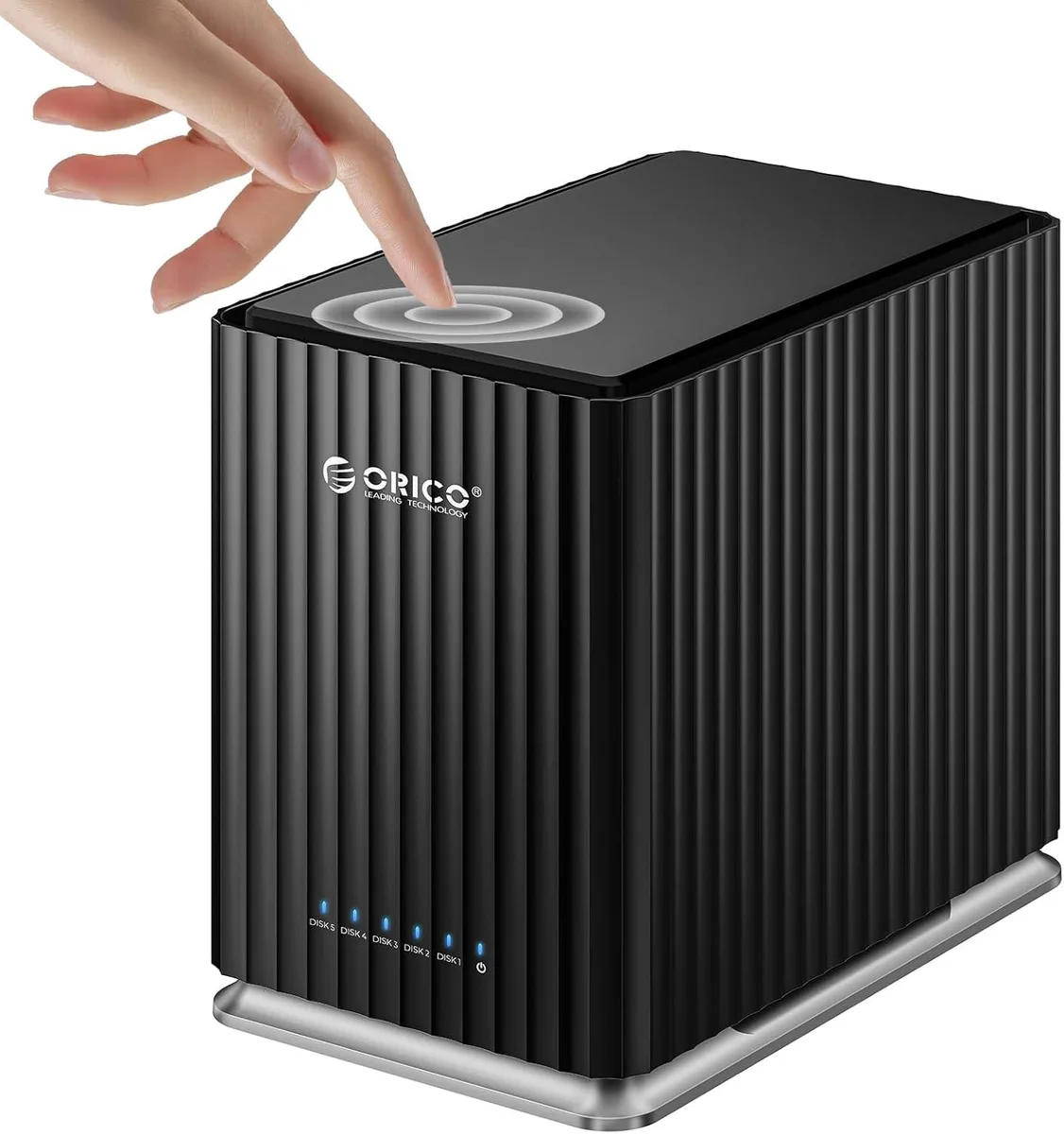 Black five-bay SATA drive enclosure with push-to-open trays and built-in 120mm fan