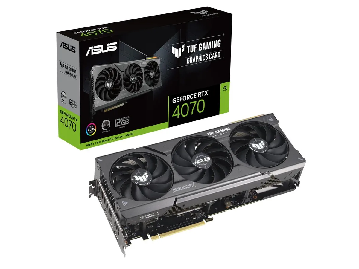 ASUS TUF Gaming RTX 4070 OC graphics card with three axial fans and vented metal backplate
