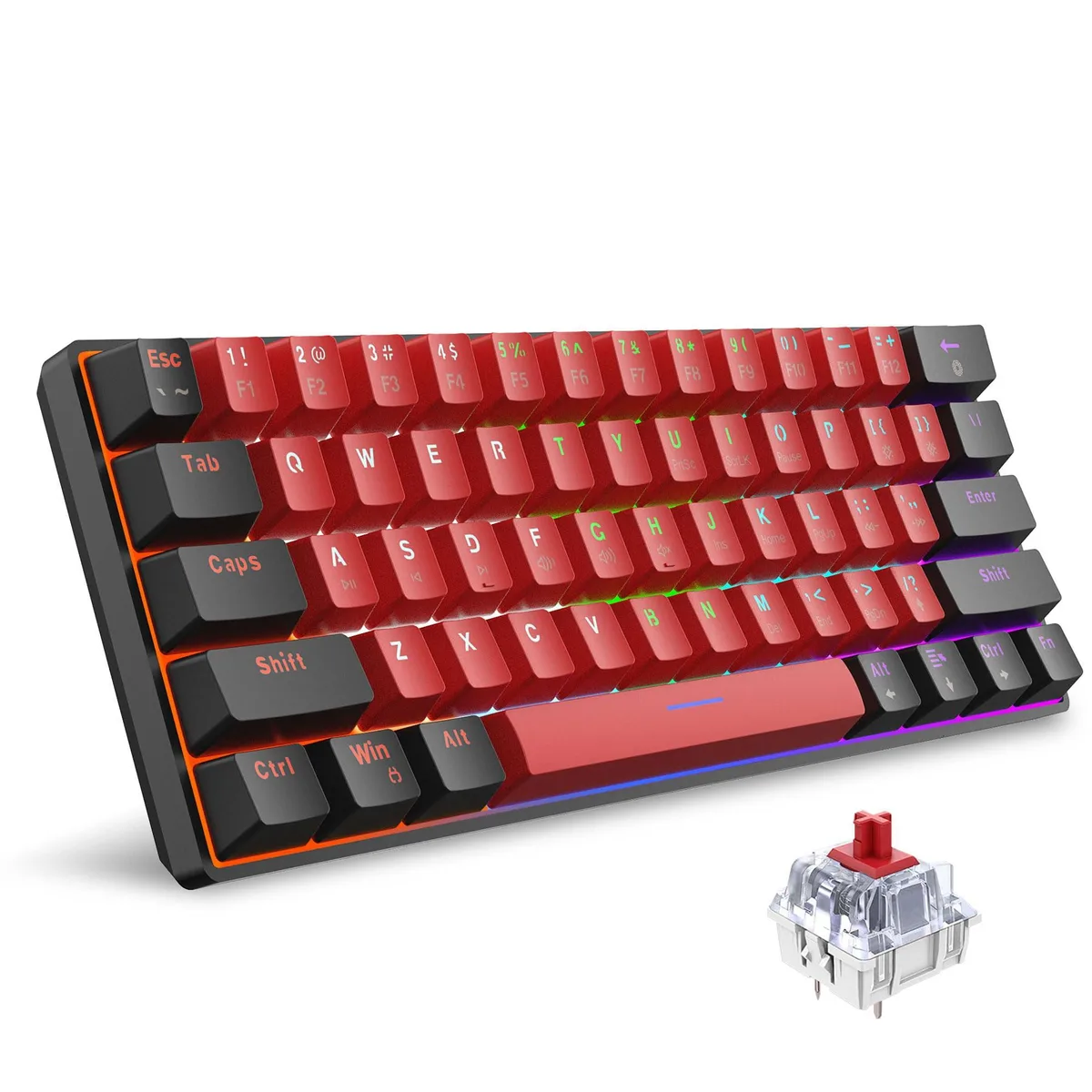 Compact 60% mechanical keyboard in black and red with RGB backlighting and detachable USB-C cable