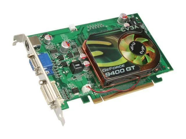 EVGA GeForce 9400 GT graphics card, silver bracket, black PCB, single fan, DVI port