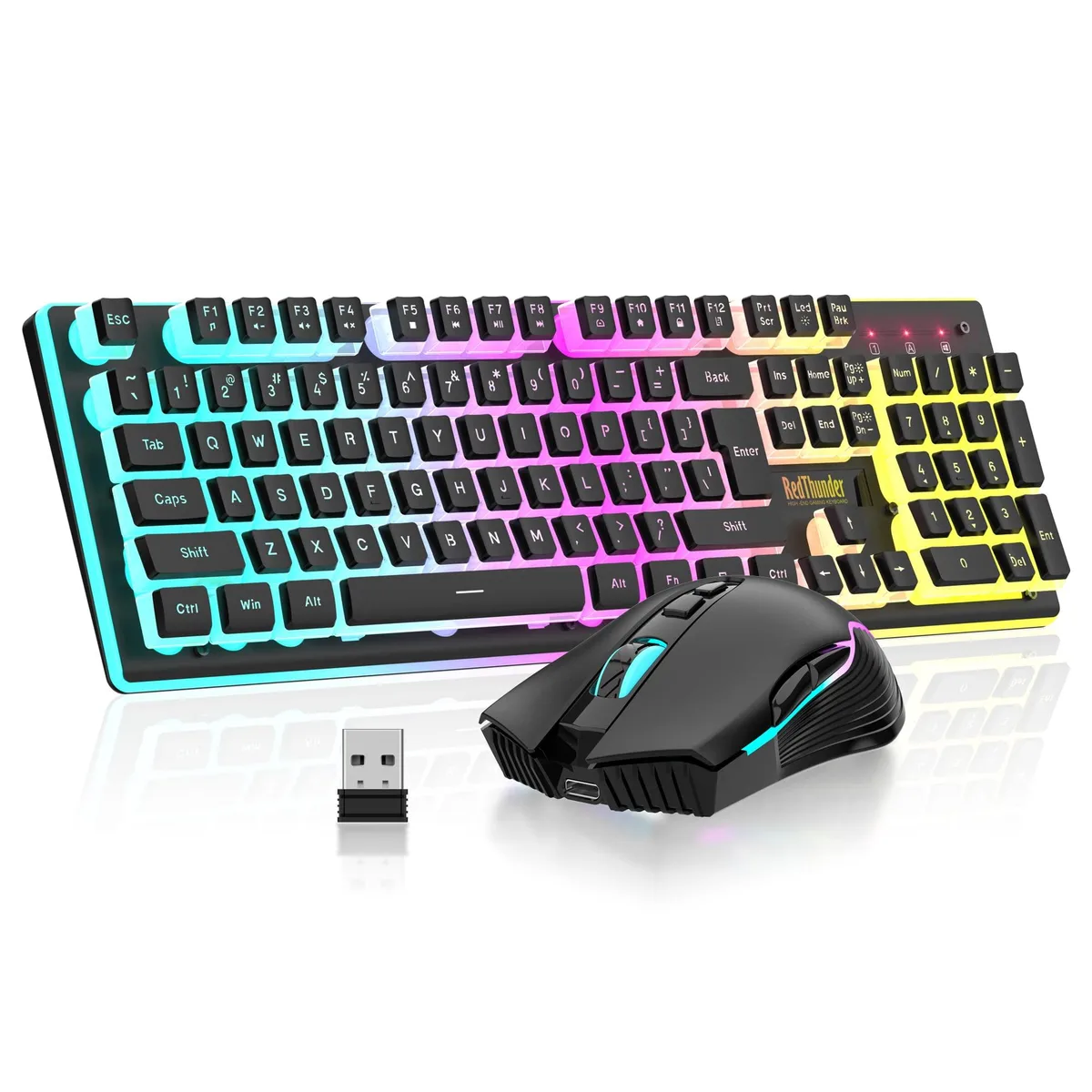 Black wireless keyboard and mouse combo with pudding keycaps and RGB lighting