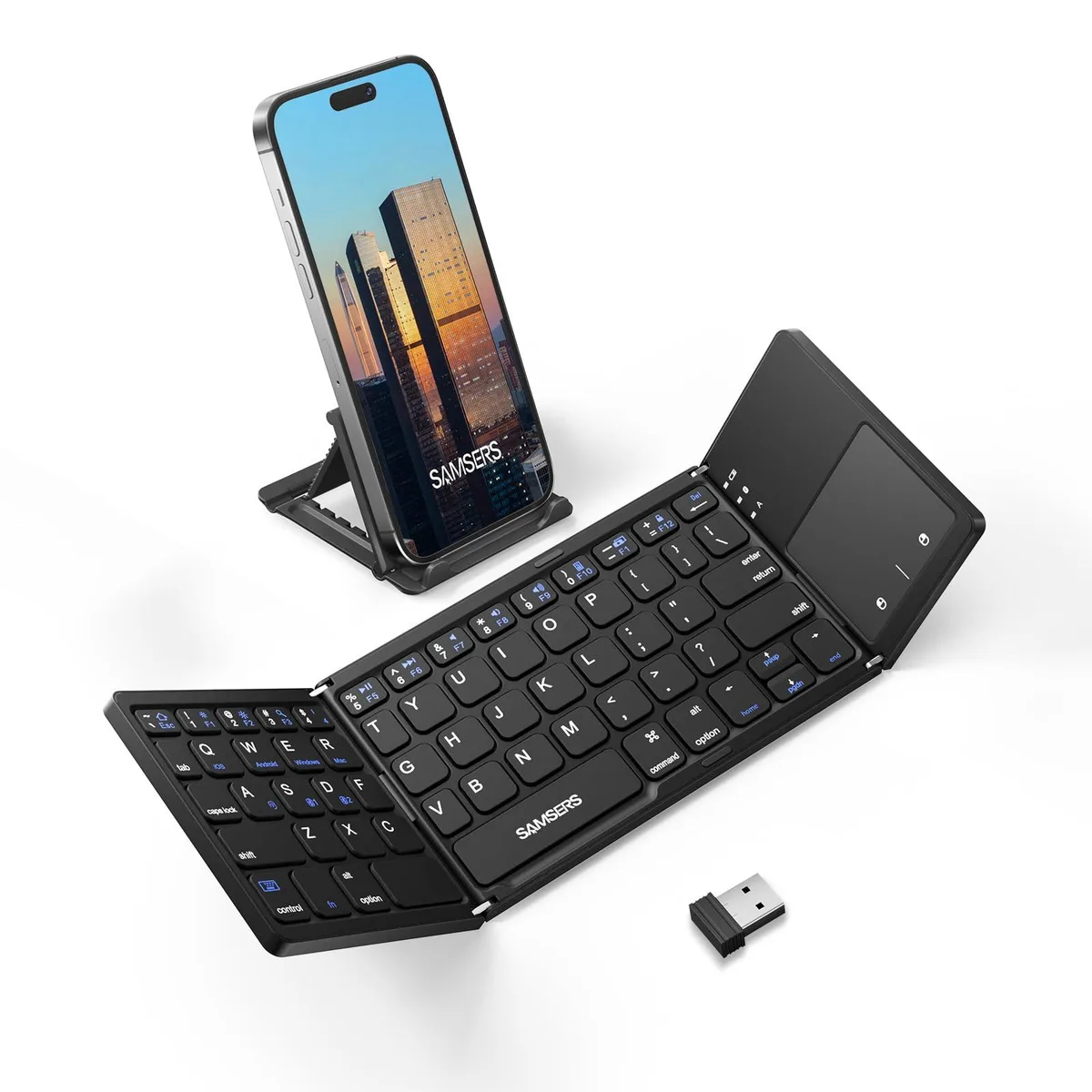 Black foldable Bluetooth keyboard with integrated touchpad, scissor switches, compact plastic build