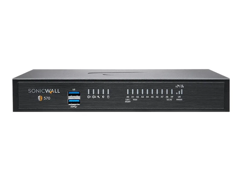 White desktop firewall appliance with front LED panel and rear port array