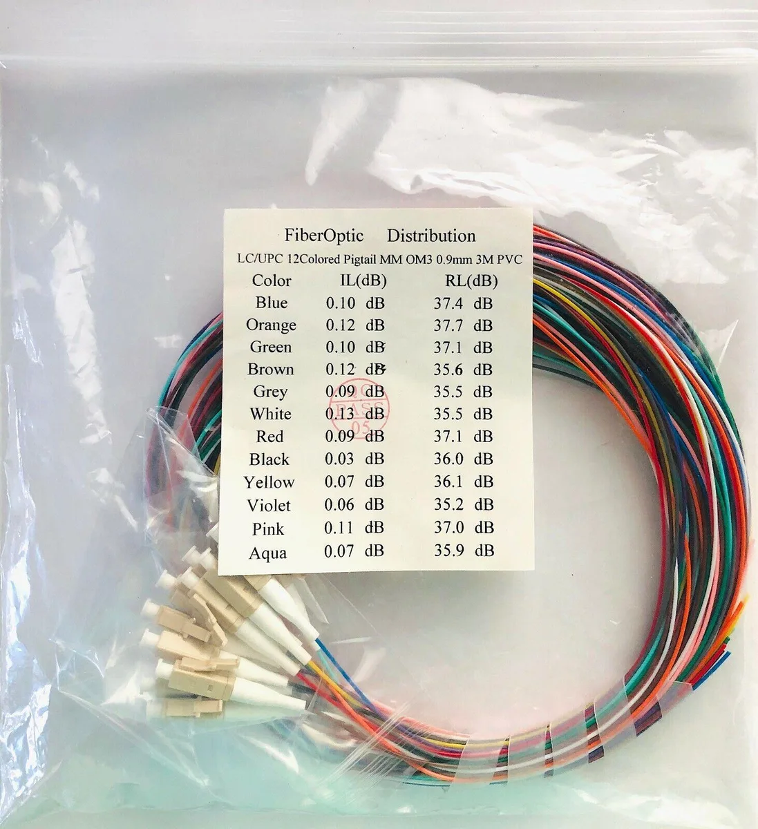 Bundle of twelve colour-coded OM3 fibre pigtails with LC connectors, unjacketed, 1310 nm