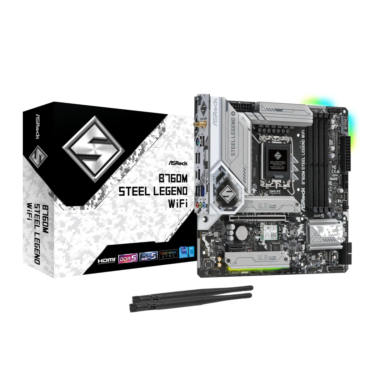 Micro-ATX motherboard with grey and silver heatsinks, black PCB, integrated WiFi antennas
