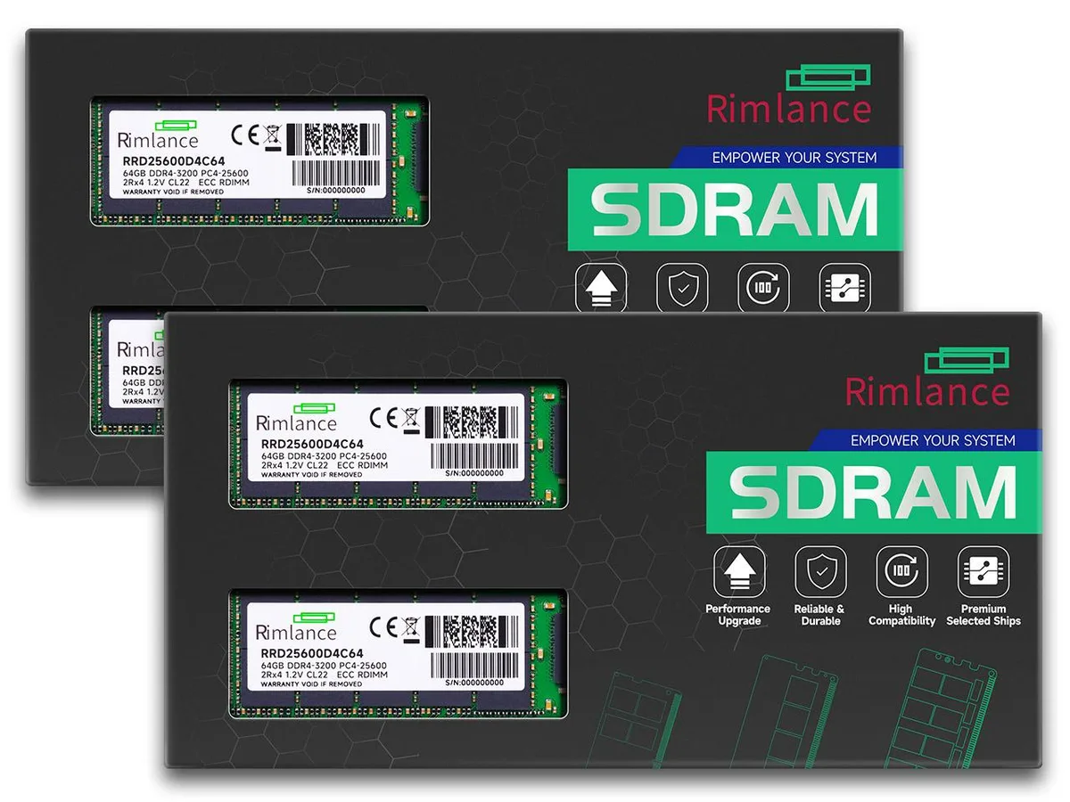 Four green DDR4 RDIMM modules with black chips and gold contacts