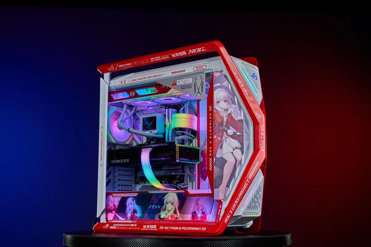 White and red full-tower E-ATX case with dual tempered glass panels and four 140 mm fans