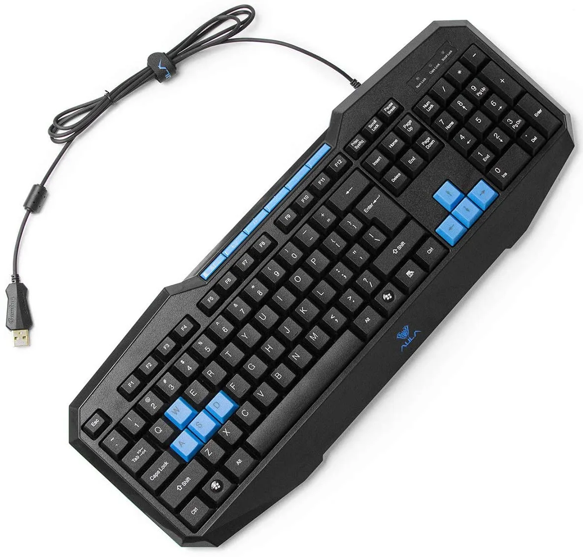 Wired gaming keyboard, black with blue keys, integrated palm rest, USB cable