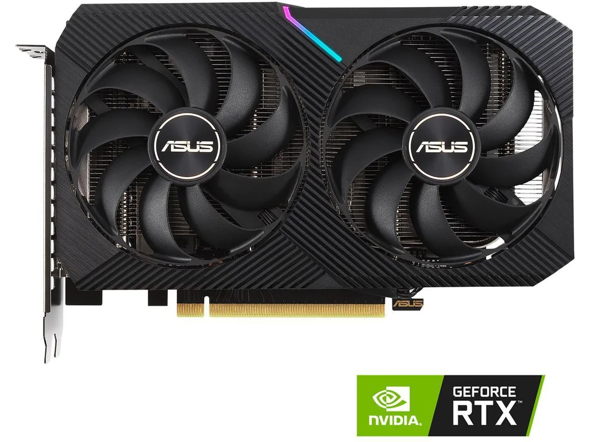 Dual-fan graphics card in dark grey metal and black plastic finish
