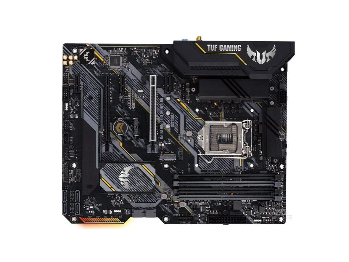 ATX motherboard in dark finish with reinforced slots and heatsinks