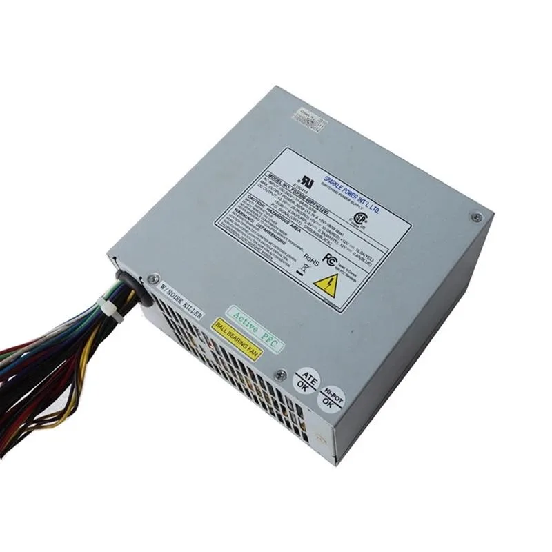 Rectangular black metal ATX power supply unit with fan grille and cable bundle