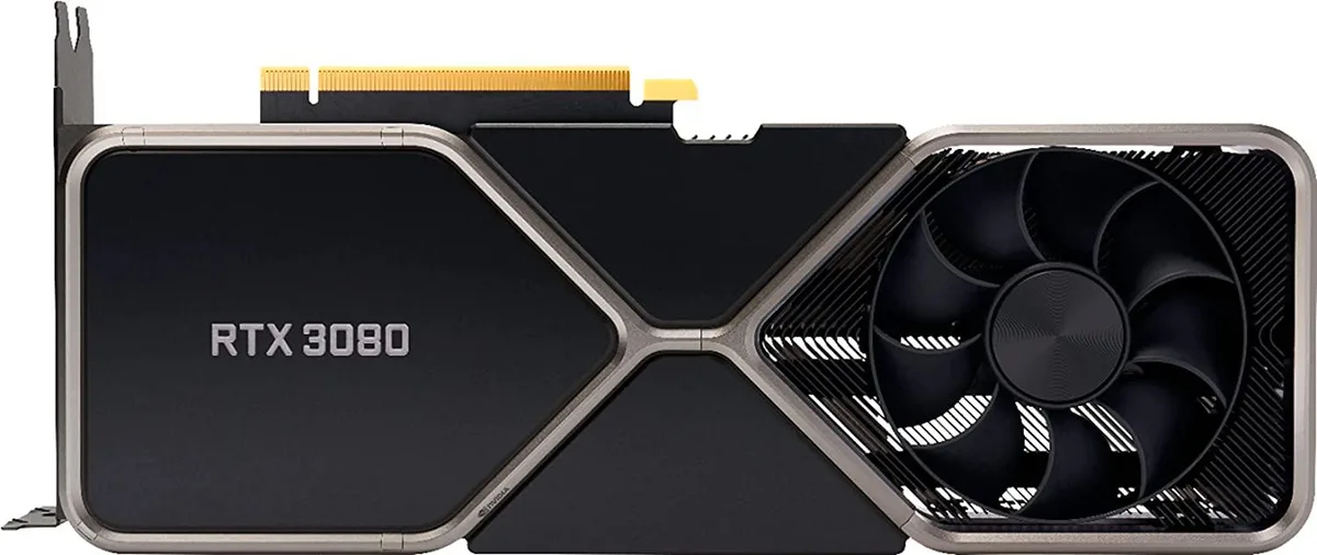 Silver dual-fan graphics card with angular shroud and exposed heatsink fins