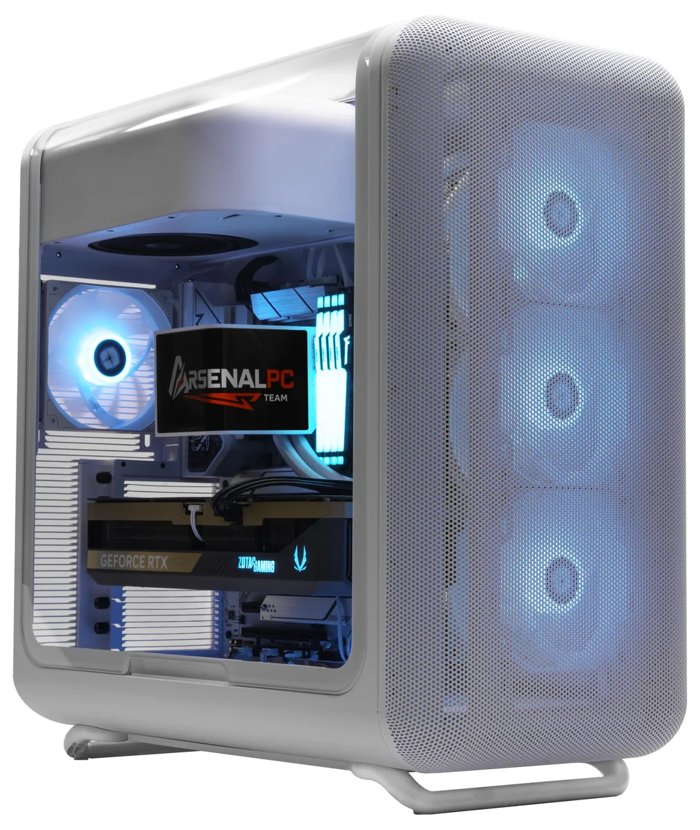 White mid-tower desktop with panoramic LCD liquid cooler and RGB lighting