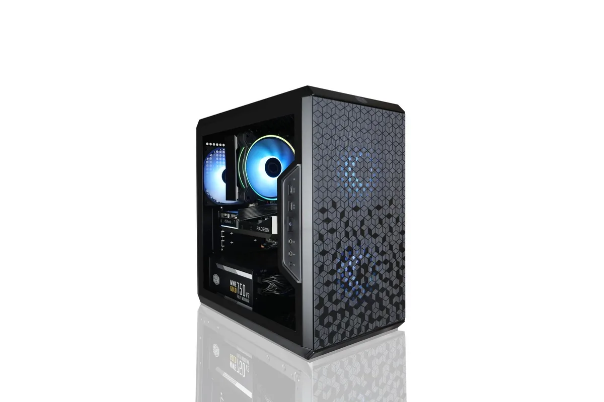 Compact Micro-ATX tower in Cooler Master Q300L case with ARGB fans and 240mm liquid cooler visible through side panel